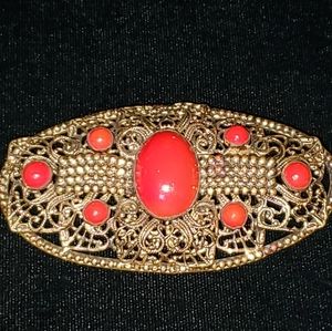 Vintage Czech Red Glass and Brass Brooch